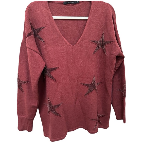 Lauren Vidal Burgundy Star Print V-Neck Sweater – XL - Picture 13 of 13